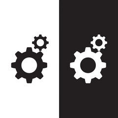 Fototapeta premium Gears icon in black and white with two interlocked sprockets indicating mechanical work or settings featuring gear, cog, cogs with sprocket and