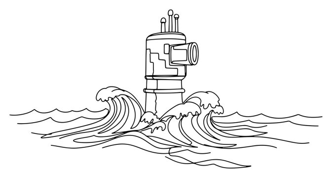 Submarine periscope emerging from rough sea waves in continuous line art style