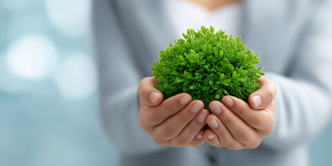Businessperson hands holding lush green plant sphere