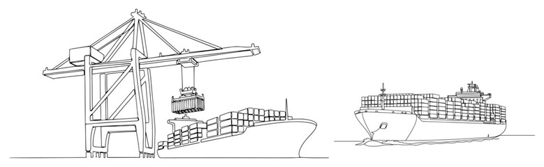 Container ship being loaded by a harbor gantry crane in continuous line art style © Alicja