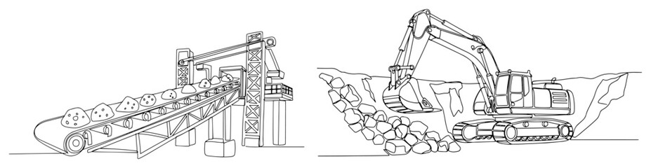 Heavy excavator digging rocks near industrial conveyor belt system in continuous line art style © Alicja