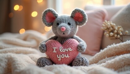 Fototapeta premium Knitted grey mouse toy holding pink heart pillow with I love you text. Cozy indoor scene with soft blankets and bokeh lights, perfect for gifts.