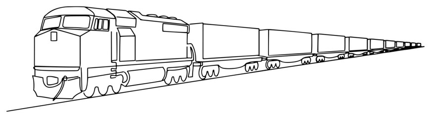 Freight train locomotive pulling long row of cargo containers in continuous line art style © Alicja