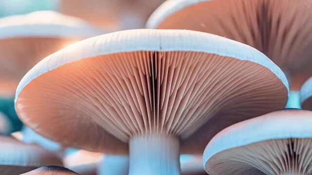 Digitally enhanced macro of inverted wild mushroom caps with soft peach and blue palette, clear gill details animation.