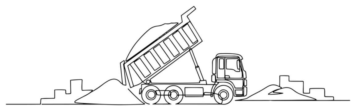 Heavy dump truck unloading sand at a construction site in continuous line art style