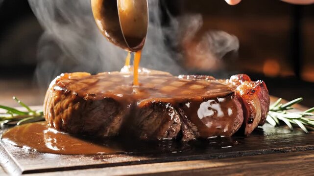 Juicy Grilled Steak Basted With Savory Sauce Served With Rosemary On Wooden Board