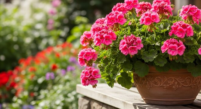 Vibrant pink geranium flowers in a decorative pot against a blurred garden backdrop