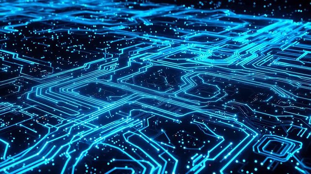 Circuit board with glowing blue lines