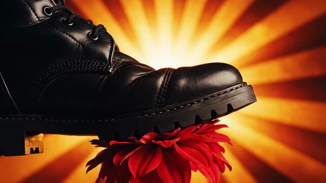 A heavy black boot presses on a delicate red flower. This dramatic scene highlights the clash of power versus fragility.