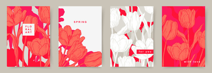 Naklejka premium Luxury set cards with a floral pattern of red tulips. Vector design for banner, advertising, card, wall poster, flyer, wedding invitation, print, cover, wallpaper, packaging
