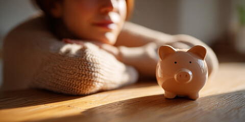 Woman contemplating savings with piggy bank on wooden table, concept of financial planning and future security