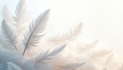 Obraz premium Soft white feathers gently float in airy space. Light downy plumes drift downward against pale bright background. Pure, clean, airy, delicate, ethereal, graceful, lightweight motion.