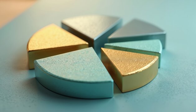 Abstract 3D pie chart with metallic and pastel segments. Chart shows financial growth and portfolio diversification. Elements are arranged around a central point. Chart represents data.