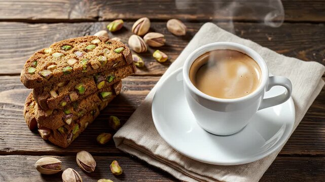 A Seamless Flat Lay Loop of Pistachio Biscotti and Hot Coffee on a Rustic Wooden Table with Warm Lighting and Steam