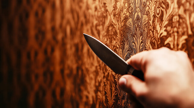 A hand grips a knife poised against an ornate wall, creating a dramatic and tense atmosphere