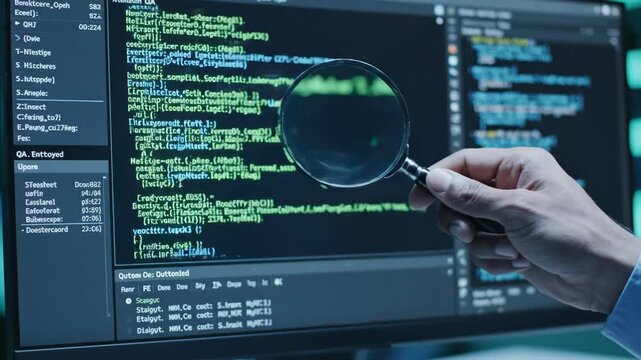 Male QA engineer hand holding magnifying glass over digital code interface. Data analysis, debugging, quality assurance, software testing