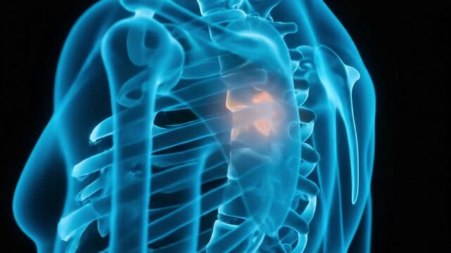 3d render of human thoracic spine and rib cage with highlighted vertebral area, suitable for medical illustration, health education, diagnostic imaging, and scientific research.