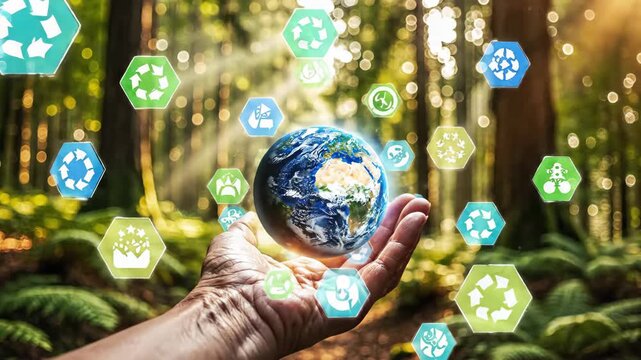 Human hand holds a glowing Earth globe in a vibrant forest. Animated environmental icons float around the planet. Representing global sustainability.