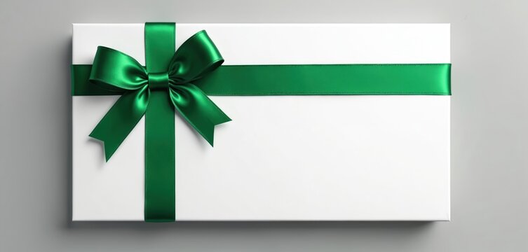 Elegant white box with green ribbon and bow. Perfect for gift cards promotions, special offers, and holiday sales. Use for marketing and retail.