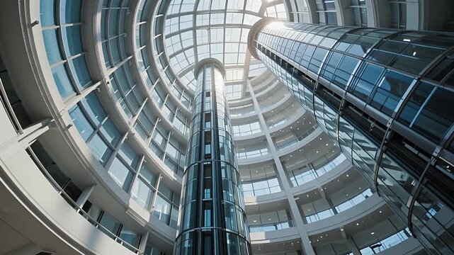 atrium glass columns sunlit skylight interior of modern building