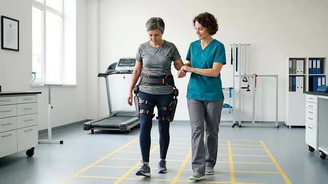 Assistive exoskeleton rehabilitation patient walking with therapist clinic wearing leg support belt for mobility training therapeutic gait confident