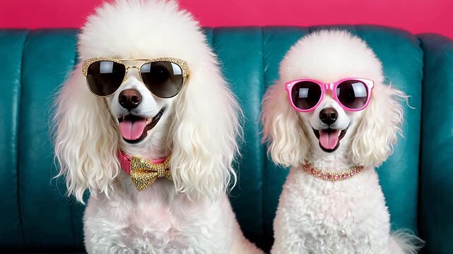 Two stylish poodles on couch