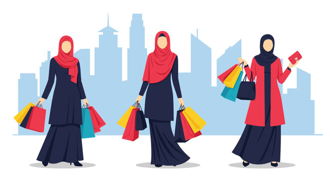 Three fashionable Muslim women wearing hijabs and long dresses carrying many colorful shopping bags in front of a city skyline.