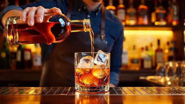 Bartender pouring drink into glass with ice