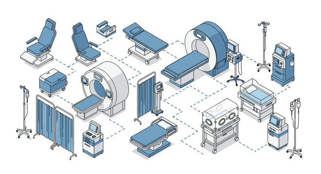 Isometric collection of advanced medical equipment including mri scanners, patient beds, neonatal incubators, and monitoring devices.