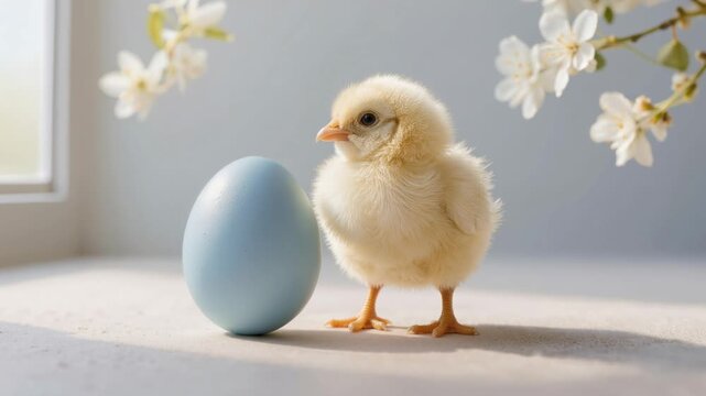 Adorable yellow chick standing beside pastel blue Easter egg with blooming spring branches in soft sunlight. Gentle seasonal holiday concept and symbol of new life.