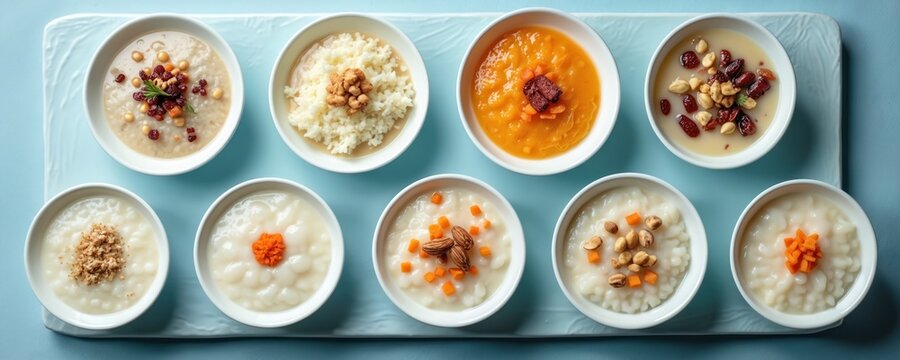 Collection of Korean juk porridges served in white bowls on light blue background. Various toppings like nuts fruits and vegetables add color and texture to these healthy meals.