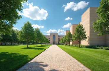 Naklejka premium Empty brick path leads to modern building across green manicured lawn. Trees line walkway under blue sky. Architecture looks clean and professional.