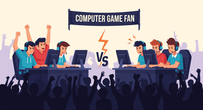 Intense e-sports gaming tournament scene with two professional teams competing in front of a cheering crowd of computer game fans.