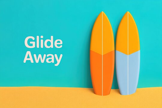 Surfboards stand on the sand against a colorful wall in bright light