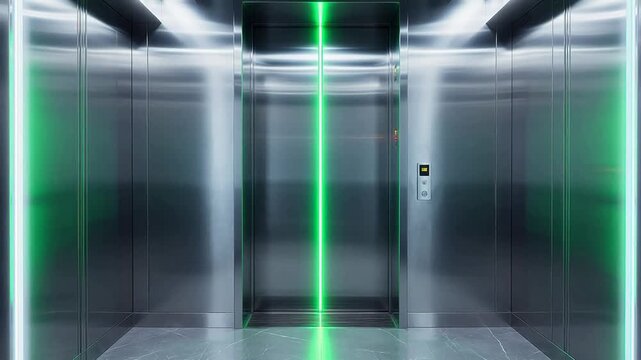 Modern elevator interior with green lights