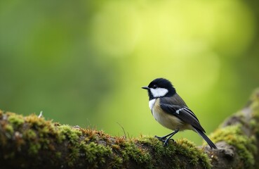 Obraz premium Small coal tit bird rests on mossy tree branch. A tiny songbird with black white and yellow plumage sits quietly. Soft green forest background.