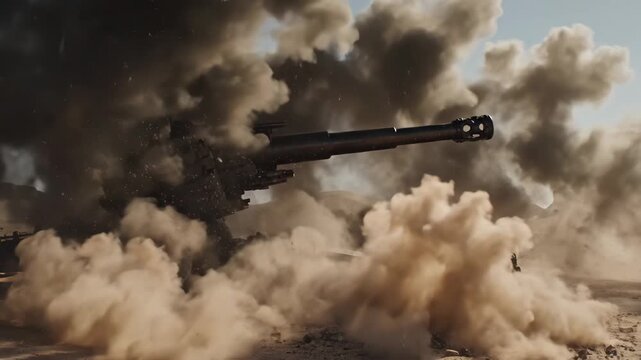 Large artillery cannon fires a powerful round in a desert. An explosive flash and thick smoke billow from the muzzle. Military action.