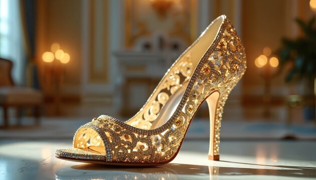 Golden stiletto heel shoe with intricate design and sparkling gems. Elegant footwear sits on a reflective surface in a luxurious room. Perfect for fashion, luxury, and special occasions.