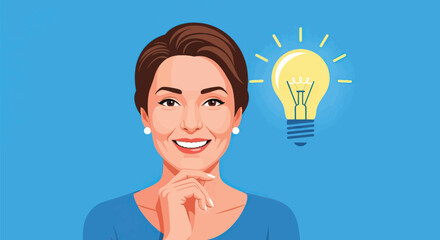 Cheerful woman with a glowing lightbulb above her head, symbolizing a fresh idea, creative thought, problem-solving, and the concept of inspiration and insight © onepixland