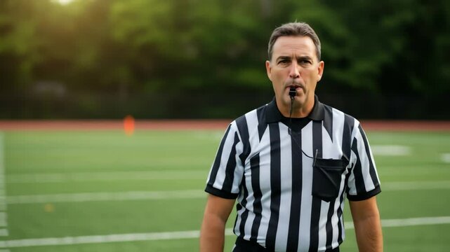 Male referee standing on football field with whistle in mouth  