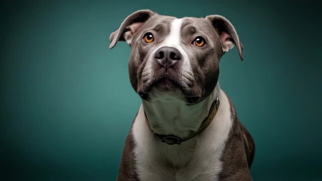 Close up studio portrait of a gray and white pitbull dog looking intently at the camera against a dark green background