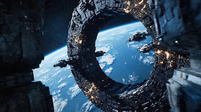 Colossal Orbital Ring Space Station Above Blue Habitable Planet
