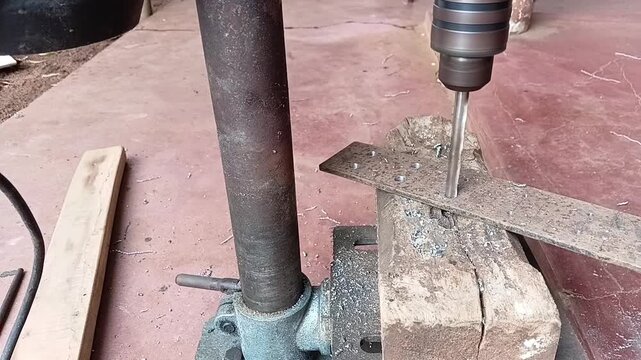 Close up of improper metal drilling technique without using cutting oil on a bench drill, causing friction and overheating.