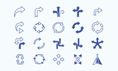 Collection of various blue direction and navigation arrows on a light blue background representing