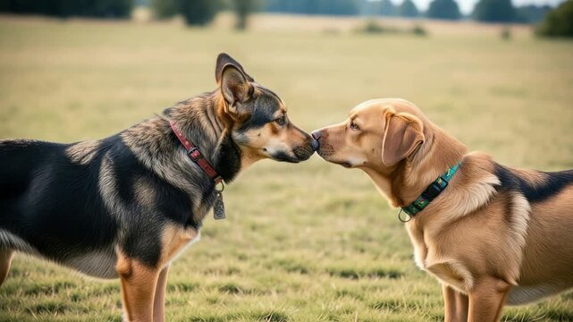 Two dogs interacting affectionately in a grassy field  