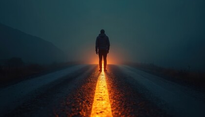 Lone figure stands on road with glowing center line. Misty atmosphere, dark blue sky, abstract concept of choice or future path. Minimalist scene with person at a crossroad.