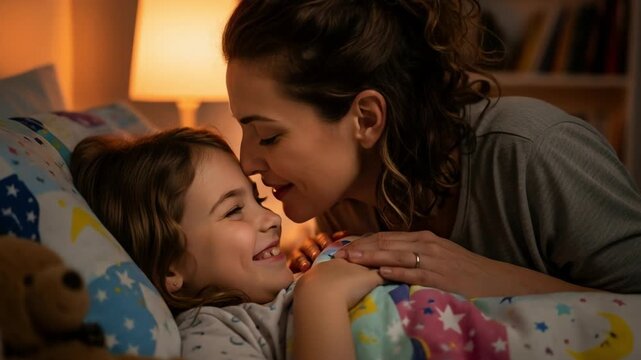 Mother kissing daughter goodnight in cozy bedroom with soft light  