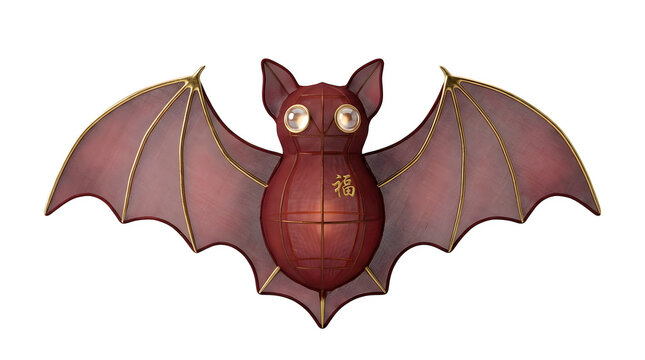 Traditional Chinese red bat lantern with golden accents and character for good fortune, symbolizing prosperity and happiness for lunar new year celebrations. isolated PNG with Transparent