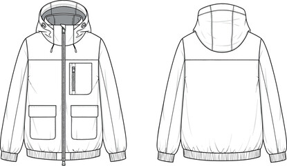 Technical fashion flat sketch of a hooded windbreaker jacket with cargo pockets zip up front and elastic hem for men © BIPUL