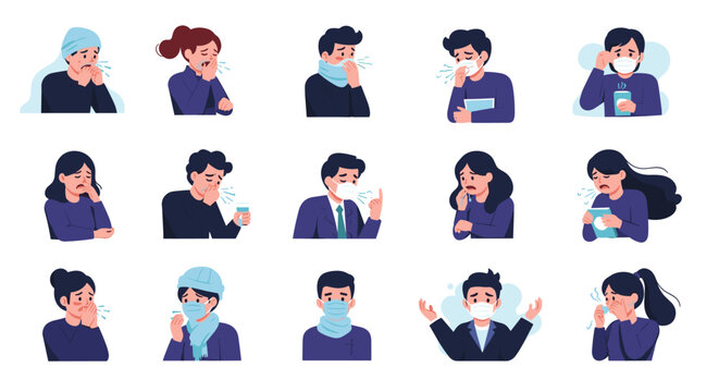Series of flat character icons showing people suffering from seasonal cold or flu symptoms like coughing, sneezing, and fever.